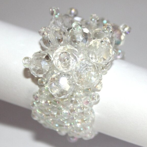 Clear White Aurora Borealis Faceted Crystal Seed Bead One Size Stretch Ring 7-10 - Picture 2 of 5